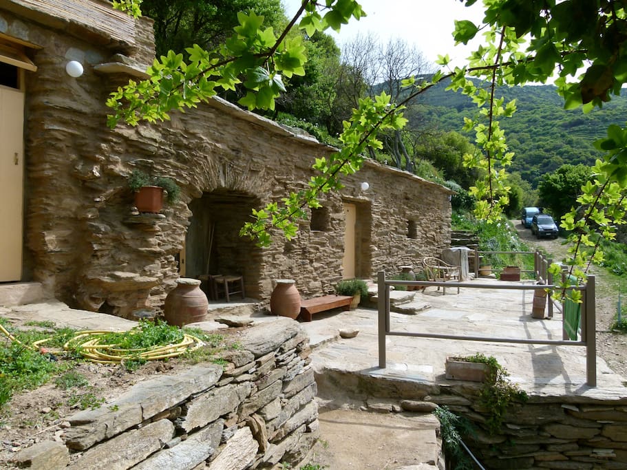A side view of the Stone House showing the front terrace and the road leading down to the house.