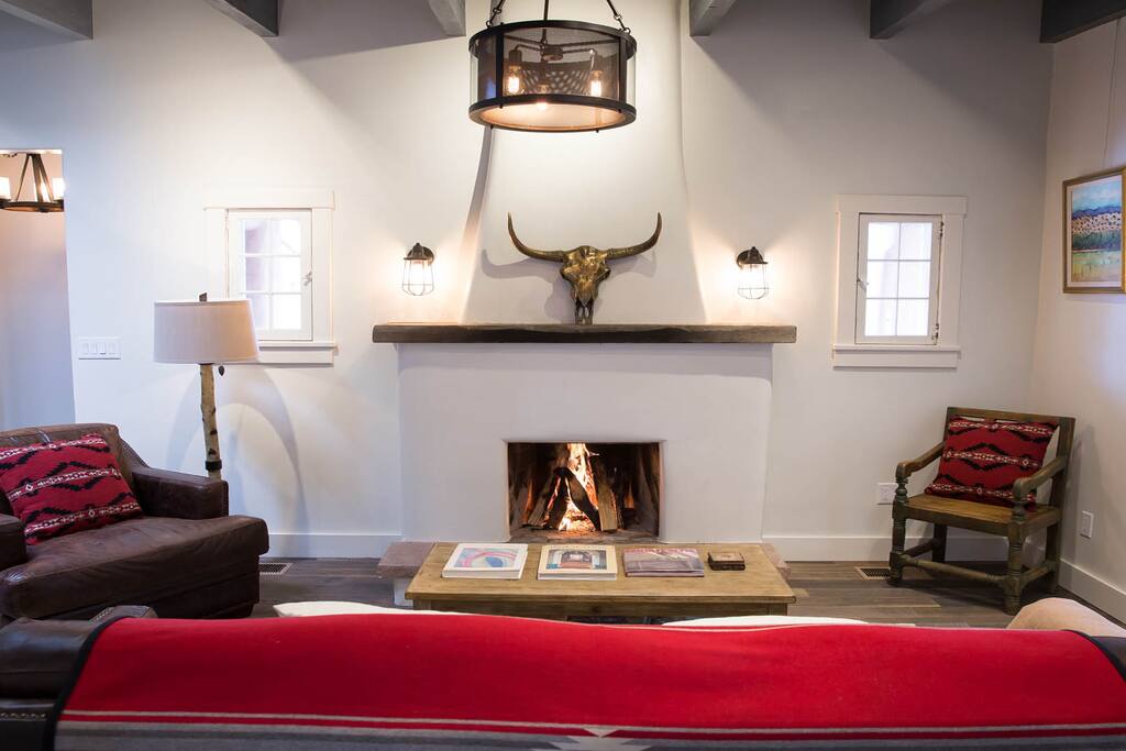 Kiva fireplace warms the cozy living room