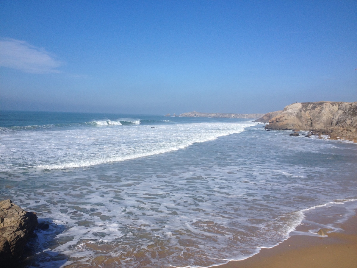 A serene beach scene depicts gentle waves rolling onto a sandy shore, with rocky cliffs visible in the distance under a clear blue sky. The horizon meets the ocean, creating a calming expanse of water and sand.