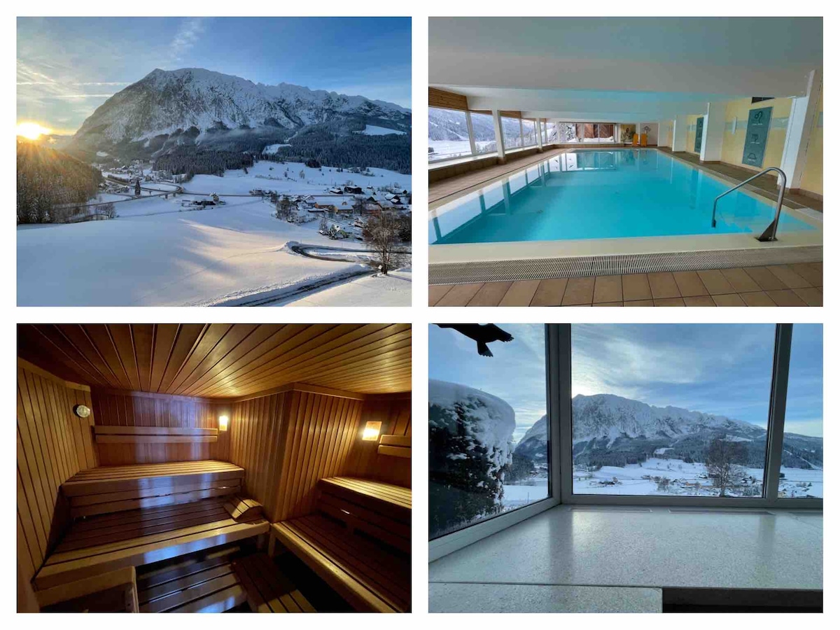 The first image captures a snow-covered landscape with majestic mountains under a clear sky. The second image showcases a spacious indoor pool, with sunlight reflecting off the water's surface. The third image displays a wooden sauna room featuring seating benches and soft lighting. The fourth image provides a close-up of a window showcasing the snowy mountain view outside.