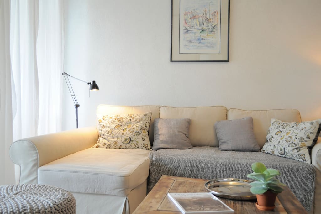 Séjour avec un canapé convertible en lit 140 x190 cm. Accès terrasse au calme. L'appartement est entièrement climatisé et comporte des stores électriques dans chaque pièce.