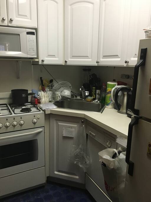 Small kitchen but has everything you need - fridge, microwave, mini-oven/grill, oven, etc - but you're in NYC! Who cooks when you can eat out for cheaper ;)