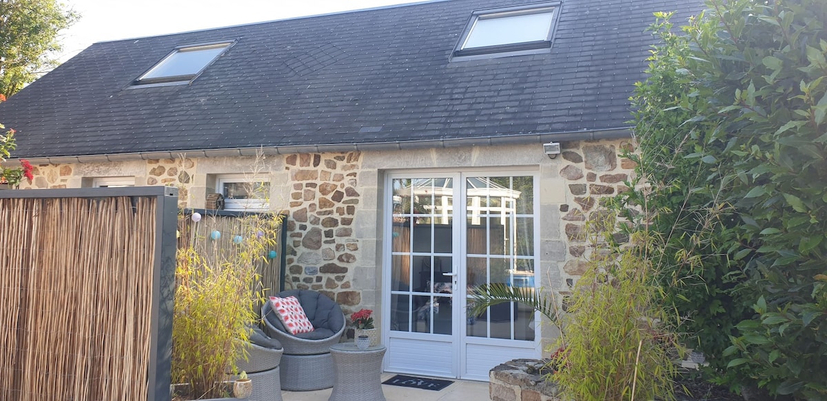 The exterior of the studio features a stone façade with large glass doors leading to a private terrace. Cozy seating arrangements are visible, surrounded by greenery and decorative elements. Skylights in the roof provide natural light, enhancing the inviting outdoor space.
