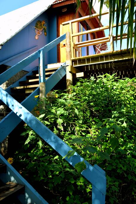 Escalera azul para subir a la cabaña