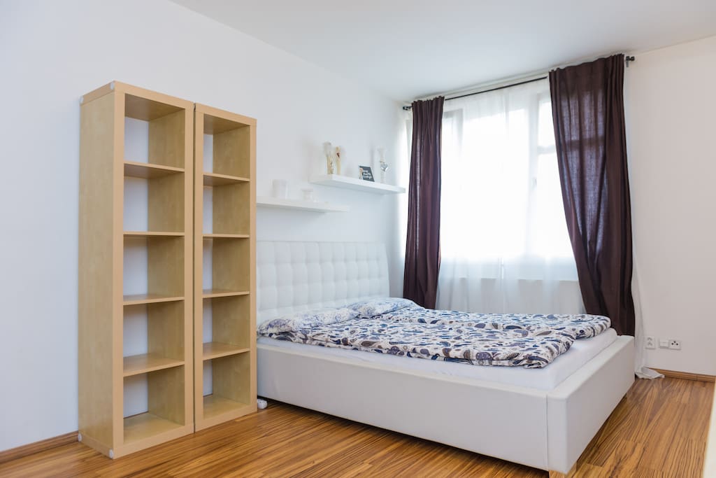 bedroom with shelves