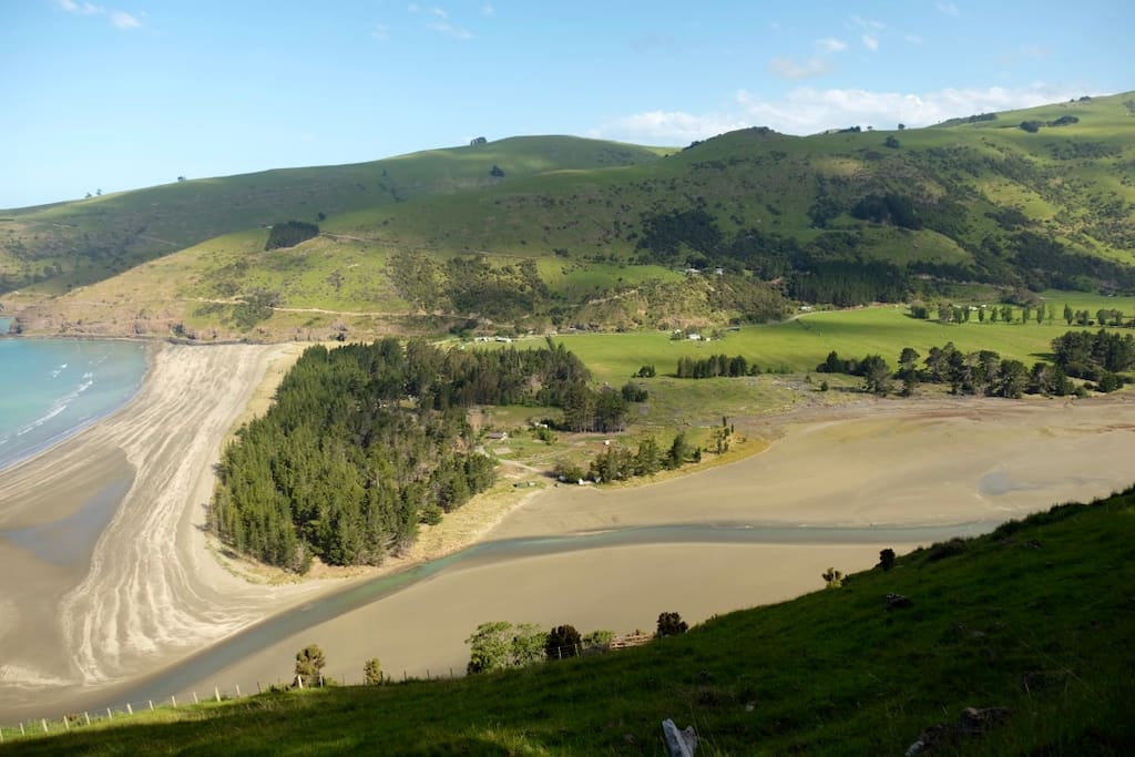 View of Okains Bay Beach and the Opara River
