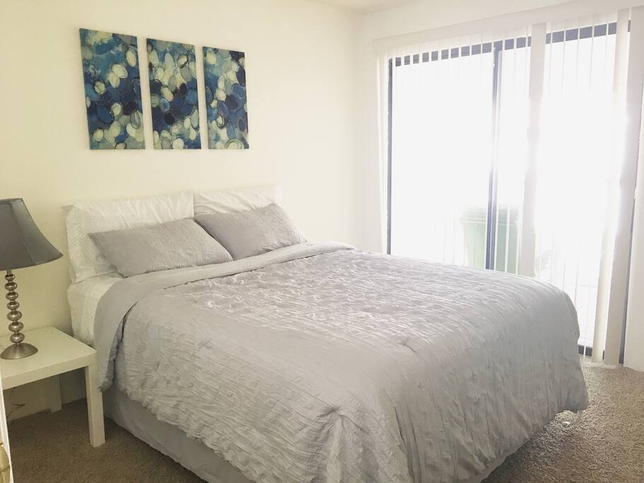 Guest bedroom with queen size comfy bed and closet.