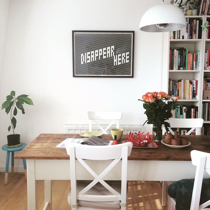 Bright, sunny living/dining space.