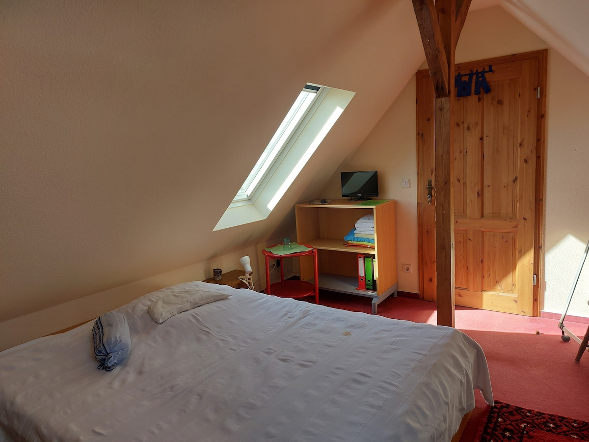 A bright attic room features a spacious bed with a white coverlet and a blue accent pillow. A small television is mounted on a wall shelf, while a colorful side table holds folded items. Natural light enters through a skylight, illuminating the wooden door and beams.