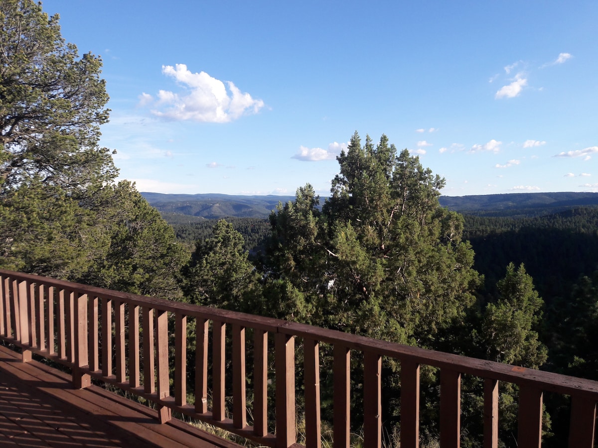 An expansive wooden deck offers a scenic view of the surrounding lush forest and distant mountains under a clear blue sky. The railing frames the picturesque landscape, inviting moments of relaxation and connection with nature.