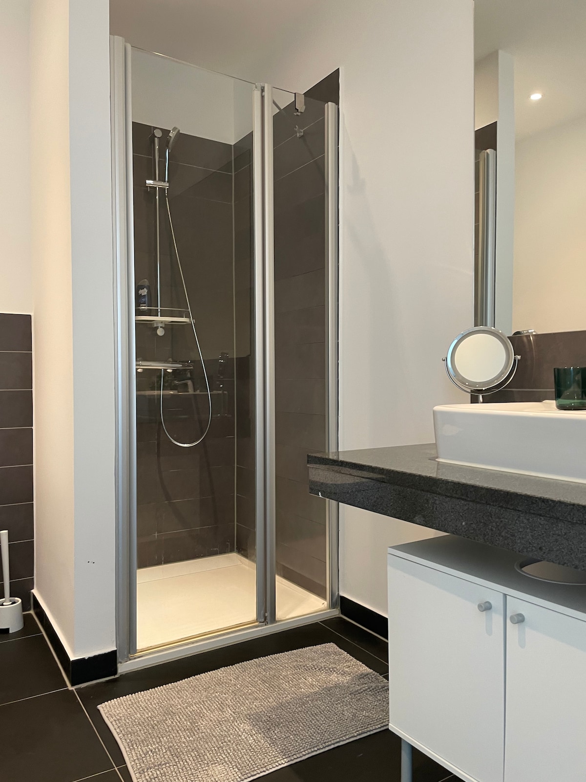 A newly designed bathroom features a modern shower enclosed in glass doors. The dark tiled walls complement a sleek countertop with a built-in sink. A small rug is placed in front of the shower, enhancing the space's functionality.