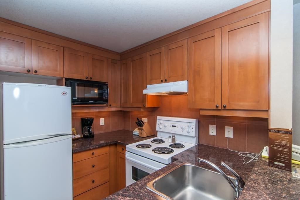 The fully-equipped kitchen has modern appliances.