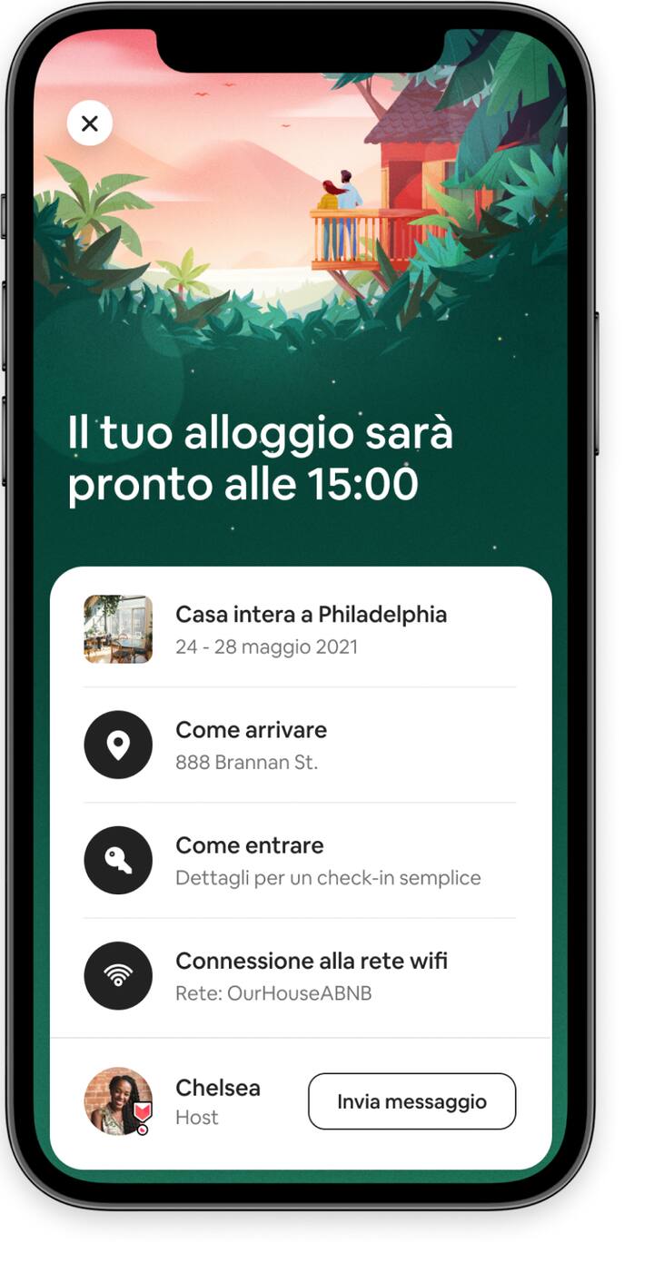 Informazioni sugli ospiti, compreso l'accesso ai dettagli del check-in e al tuo host, nell'app di Airbnb.