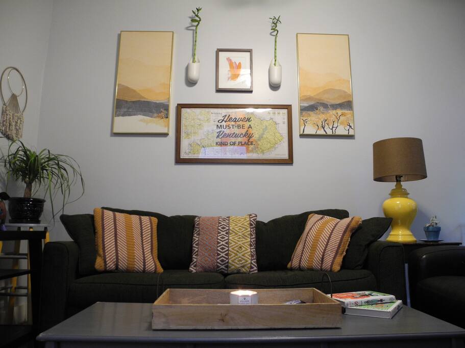 Living area with vaulted ceiling and seating