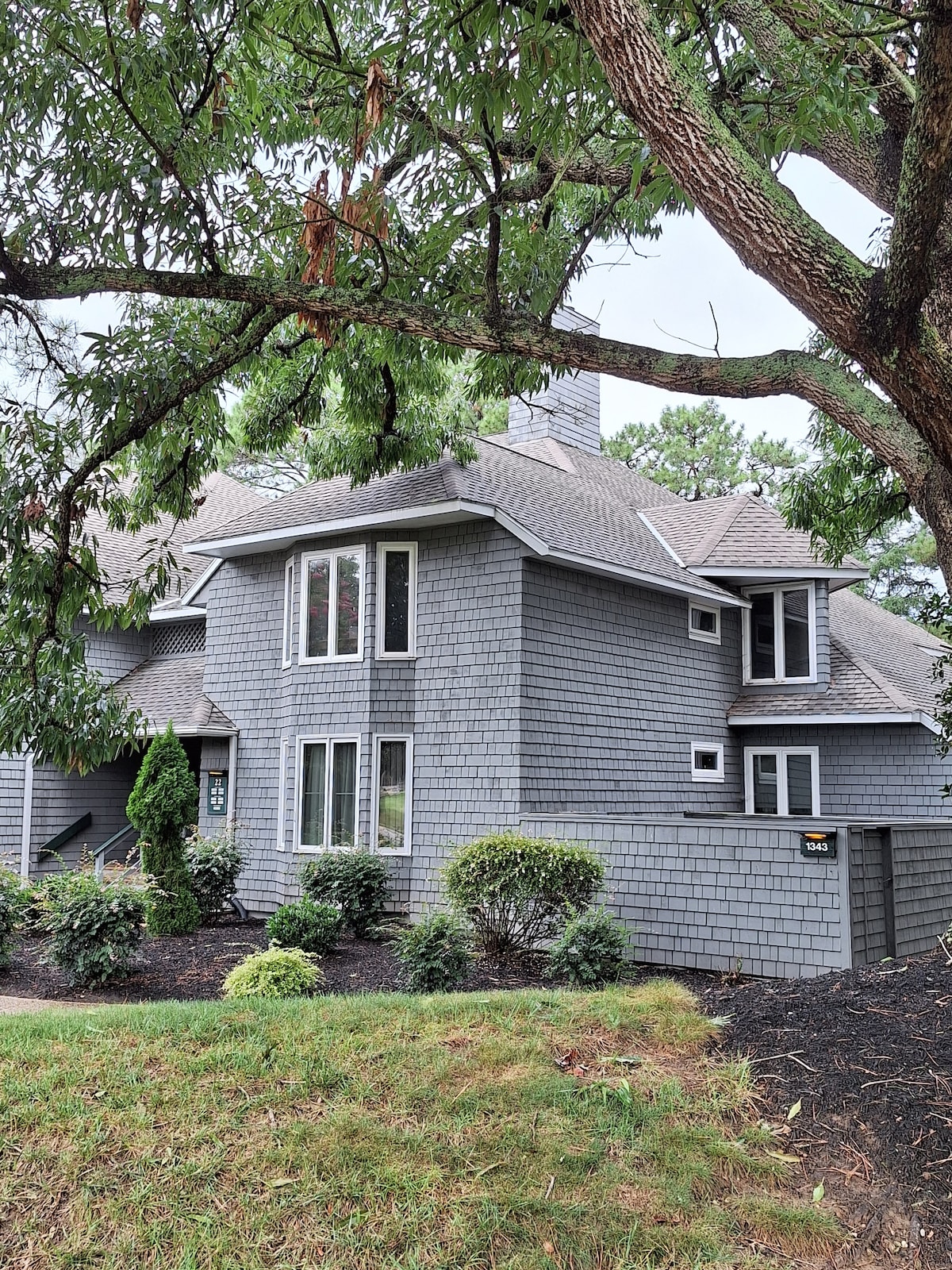 The exterior of a two-story house is visible, featuring gray shingles and multiple windows. Well-maintained landscaping includes bushes and a grassy area. A large tree in the foreground provides shade, enhancing the inviting appearance of the property.