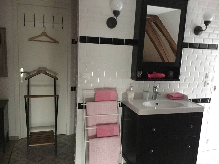 Salle de bains , grande douche ,toilette séparé
façon loft .