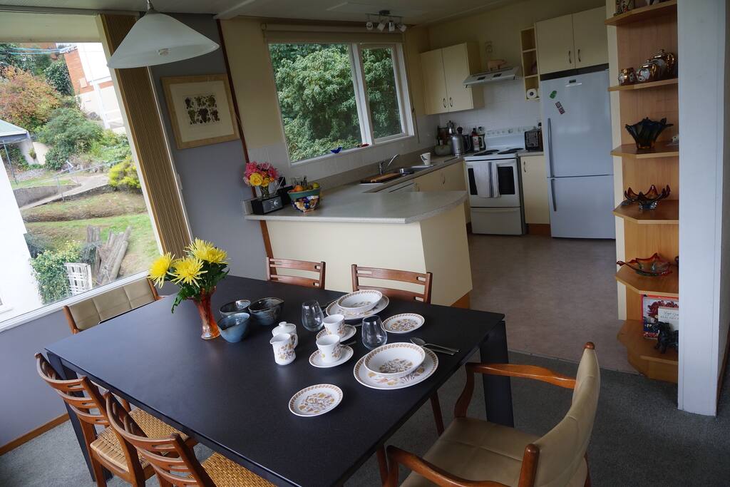 The dining and kitchen area.