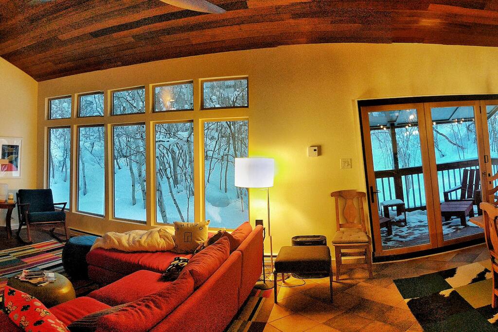 Gas fireplace, 4k TV, and private forest views.