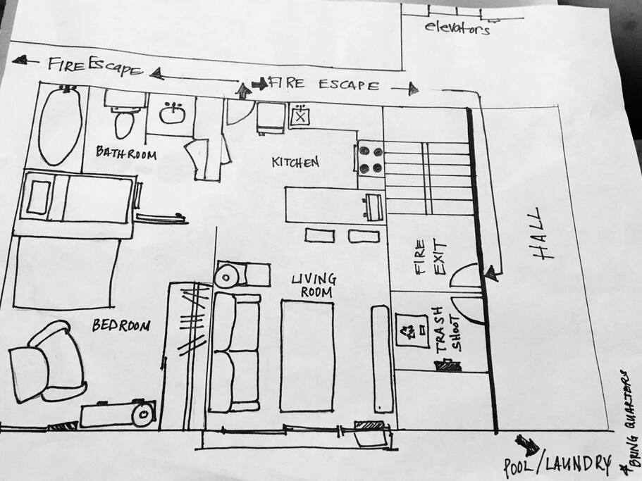A diagram of Keos Place, it’s good to know where the trash chute and fire escapes are.