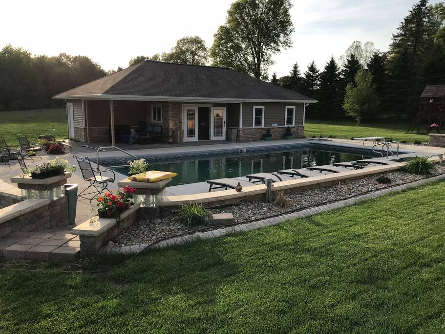 Pool area and cabana. Sorry pool is not available for use, but plenty of chairs to lounge around.