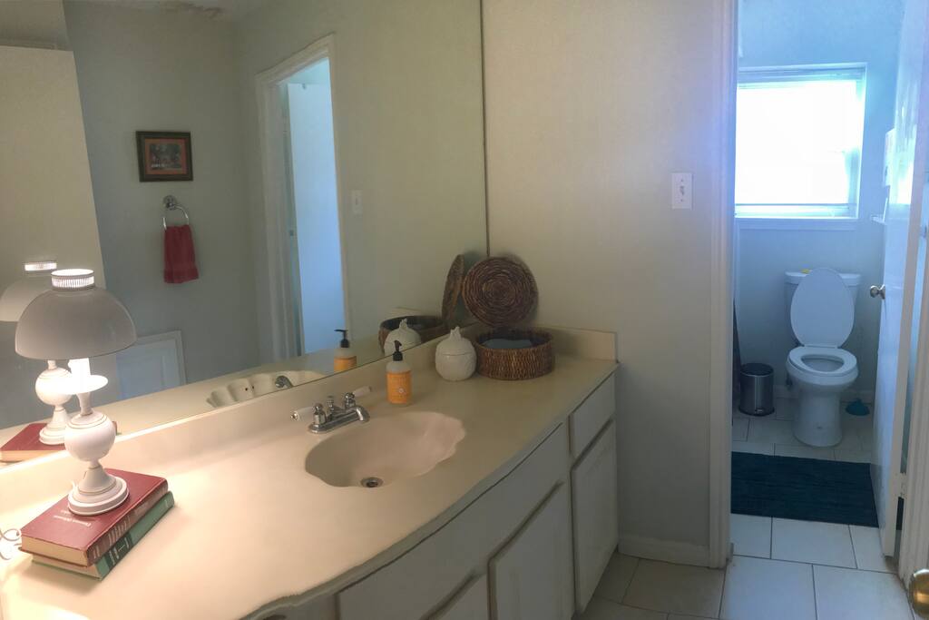Private Restroom with towels and soap. Soft water.