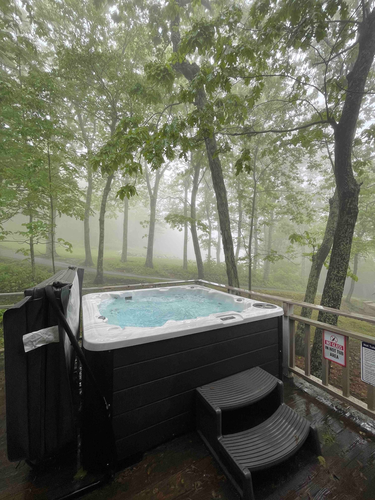 A hot tub is positioned on a wooden deck surrounded by lush greenery and misty trees. Steps lead up to the hot tub, inviting relaxation while enjoying serene nature views.