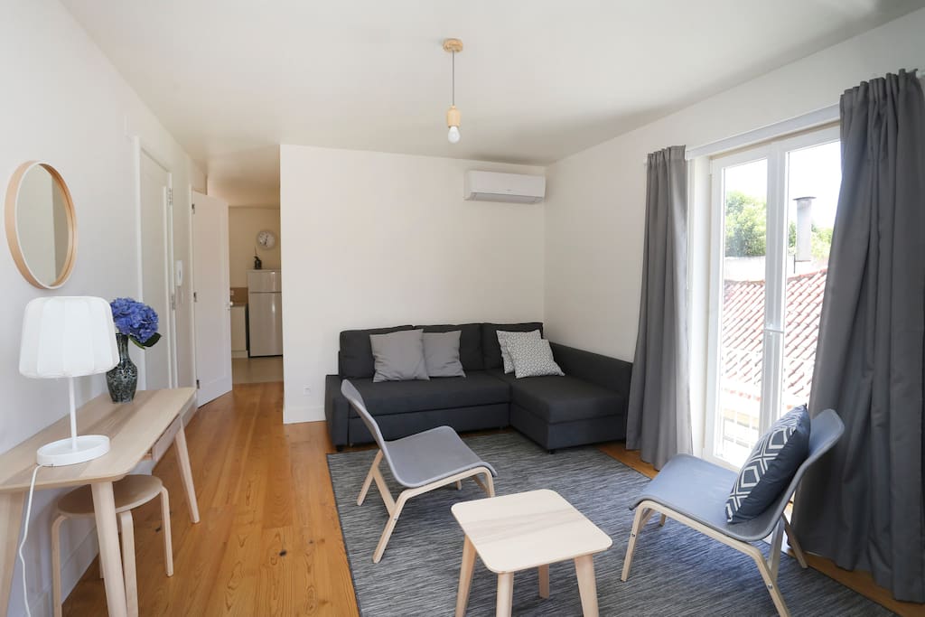 The living room with a sofa, with chaise long (can be transformed in a second double bed)