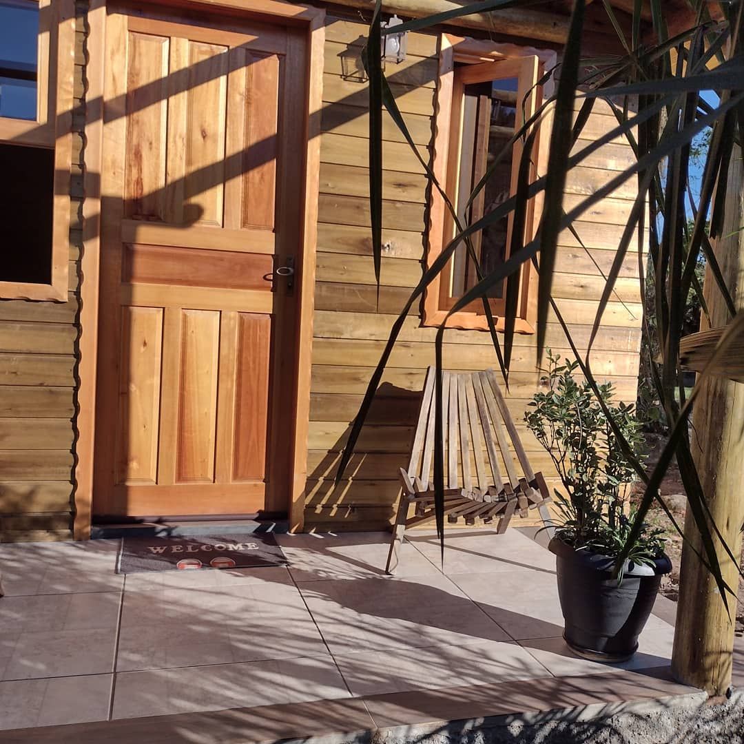 A charming entrance showcases a wooden door with a polished finish, framed by light-colored wood siding. A welcome mat is positioned at the door, while a slatted chair and a potted plant add a touch of warmth to the outdoor space.