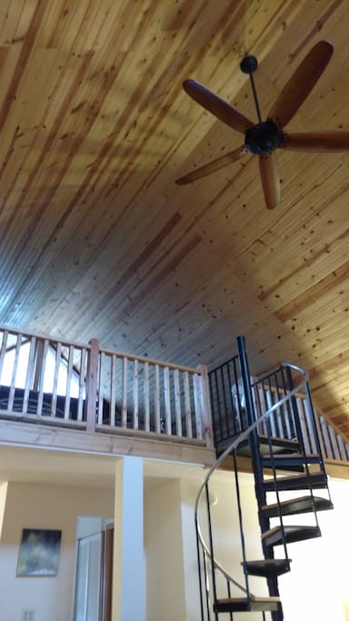 Tongue and Groove Pine ceiling, sleeping loft, and spiral staricase