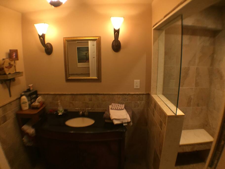 Your bath is elegant and fully stocked with towels, toiletries, and soap.