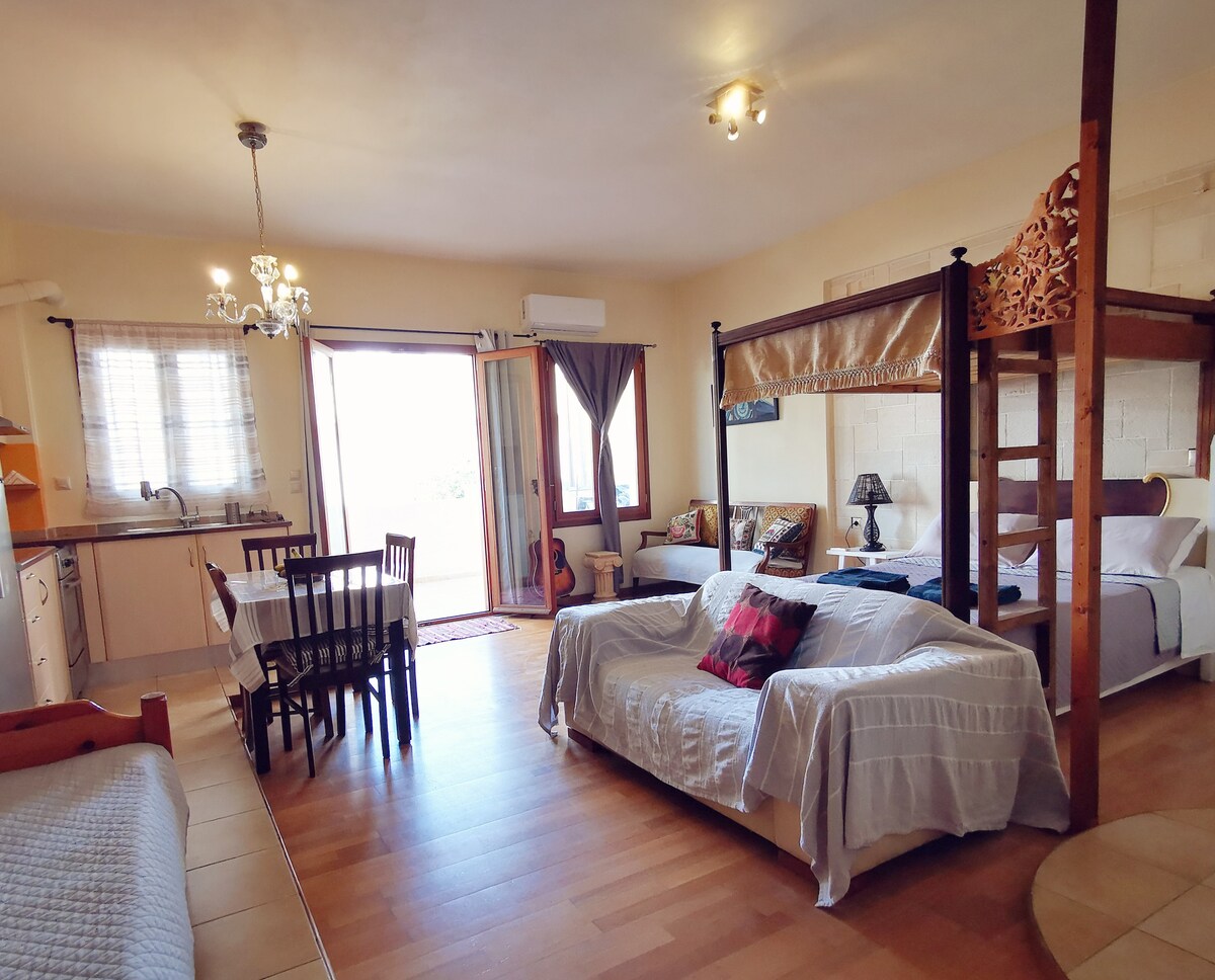 A bright studio space features a dining table with chairs, a comfortable couch, and a bunk bed with a double bed below and a half-double above. Large windows provide natural light, leading to a balcony. The kitchen area is equipped and ready for use.