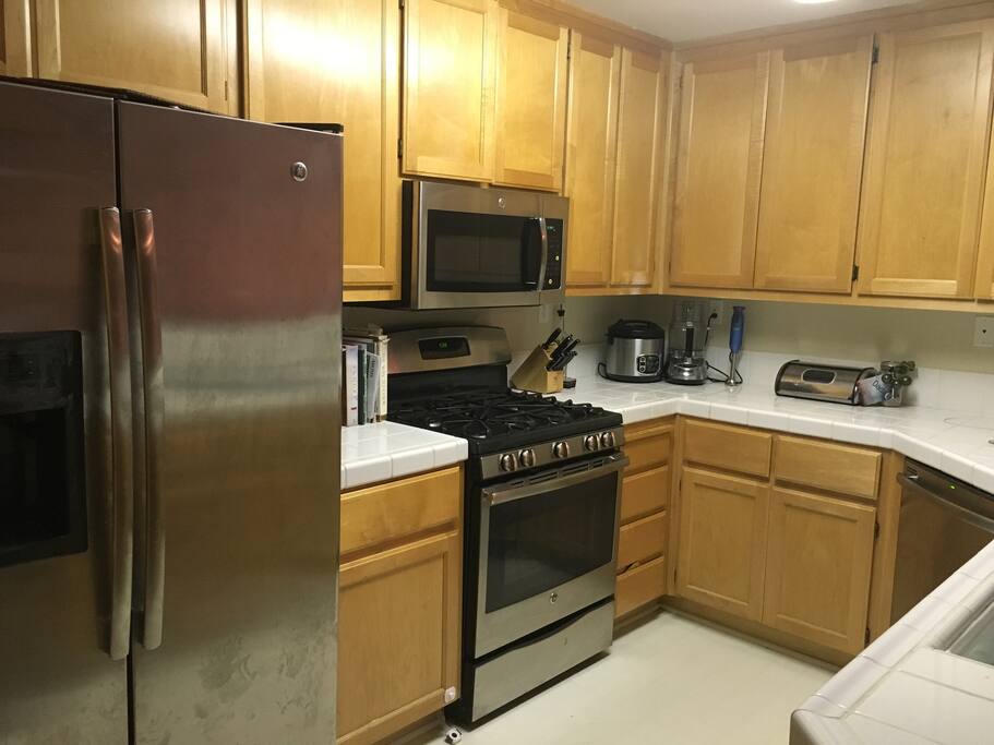 Kitchen with stainless steel appliances.