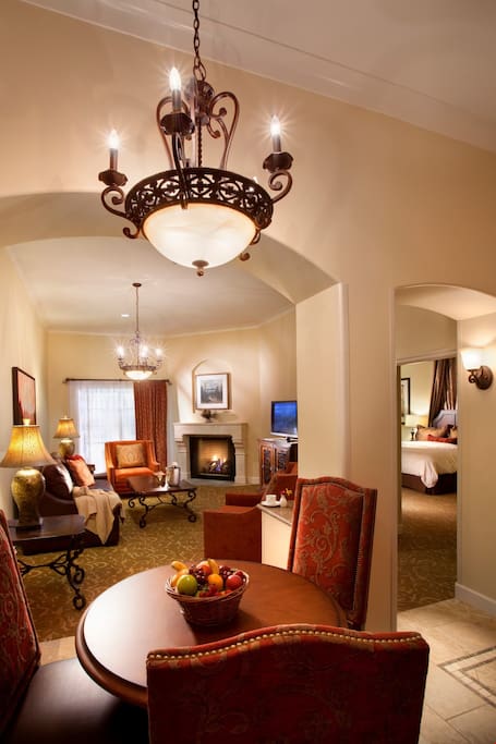The luxurious seating area features a fireplace