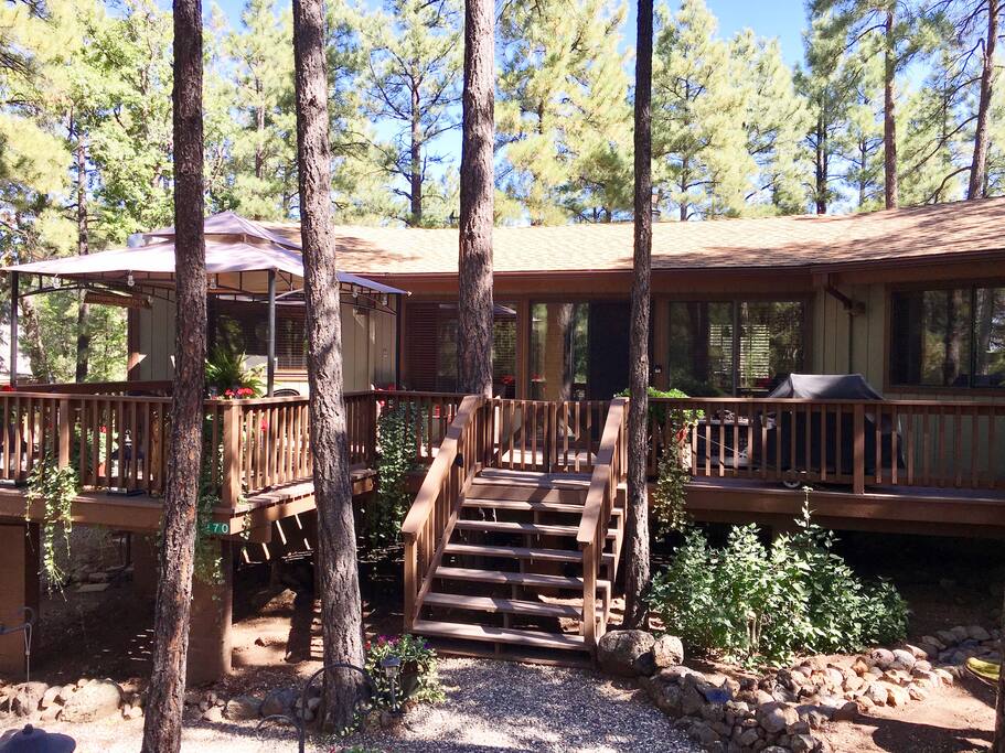 View of cabin with gazebo in place mid to late summer.