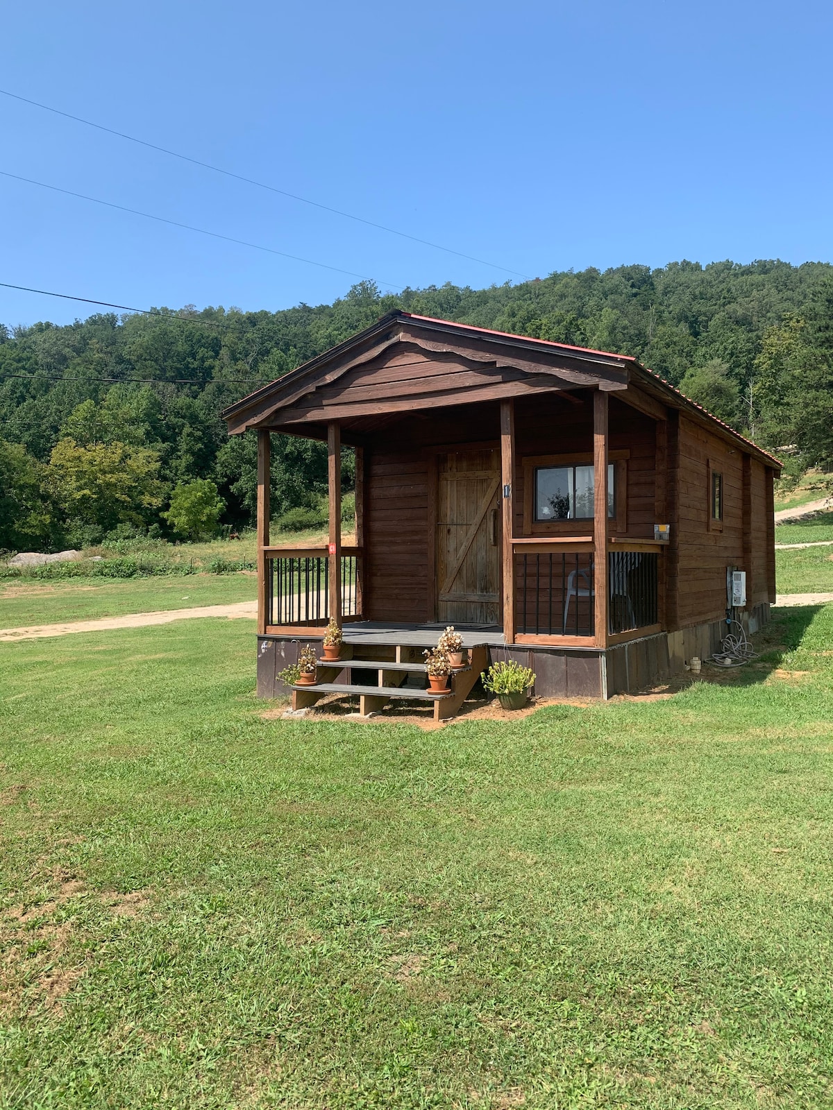 The exterior of a rustic tiny cabin is presented, featuring a wooden facade and a welcoming front porch. Steps lead up to a door, flanked by potted plants. Expansive green grass surrounds the cabin, with rolling hills visible in the background under a clear blue sky.