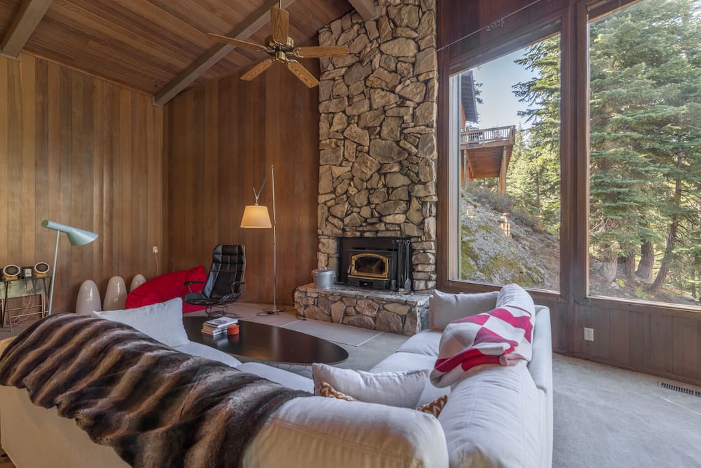 Another view of the seating area and fireplace