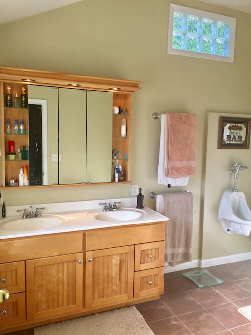 LARGE SUITE STYLE BATHROOM W/ URINAL, DUAL SINKS, TOILET, SHOWER, ETC.