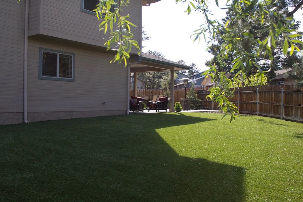 Fully fenced backyard with artificial turf