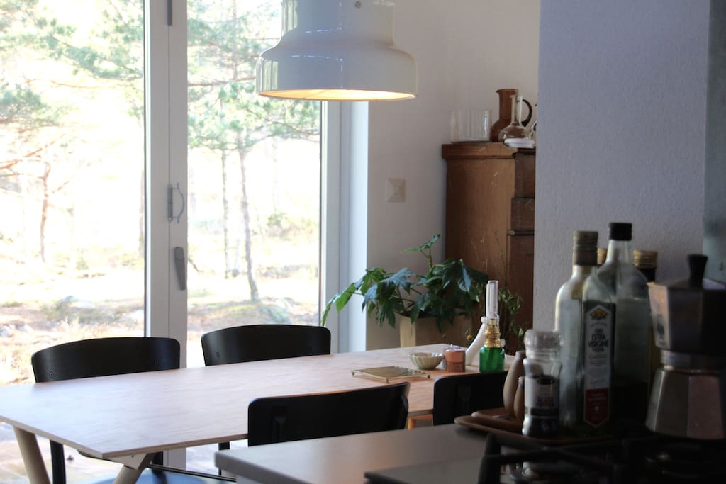 Kitchen with large sliding doors to terrace