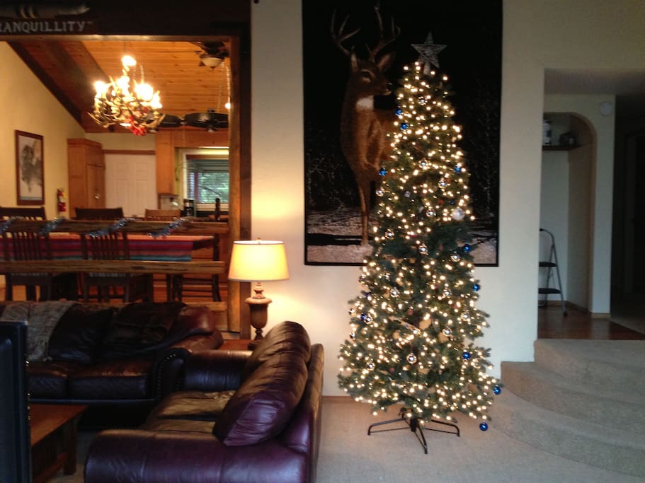 Living Room with Christmas Tree looking into kitchen.