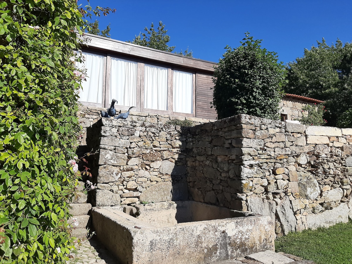 Natural stone walls provide a rustic charm to the exterior. The building features large windows dressed in sheer white curtains, allowing abundant natural light to filter inside. Lush greenery surrounds the area, enhancing the tranquil setting.