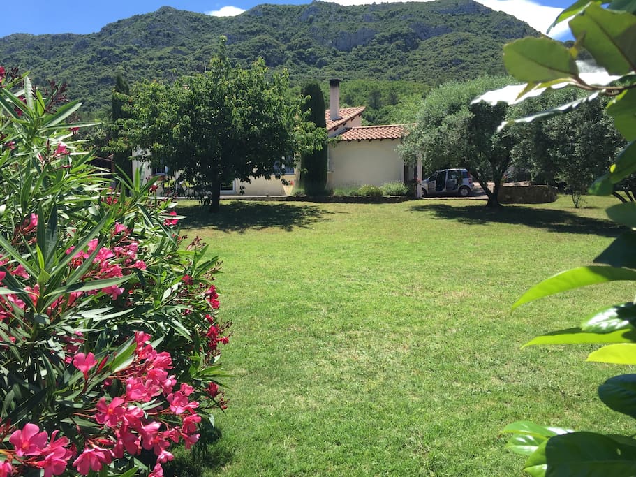 Grand jardin privatif de 2000m2 entièrement clôturé.
La montagne que l'on voit derrière c'est le mont Liausson qui domine la vallée et le lac .