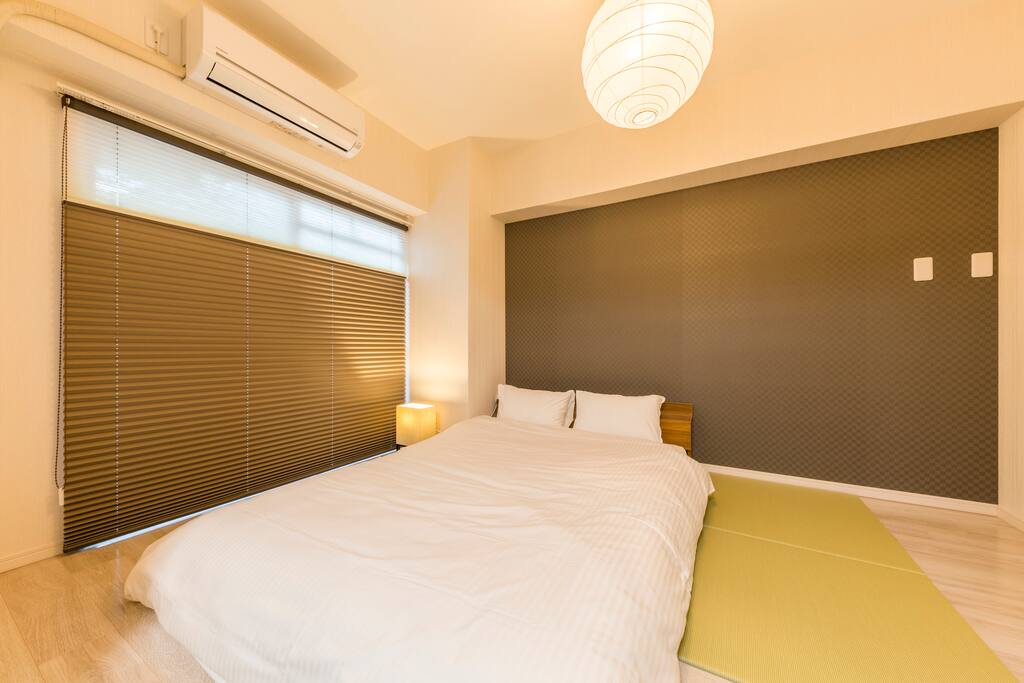 Stylish bedroom with warm lighting