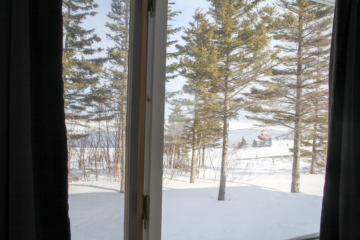 A view from a window frames a snowy landscape adorned with tall evergreen trees. The tranquil waters of the Saint-Laurent are visible in the background, while the soft light suggests a calm day.
