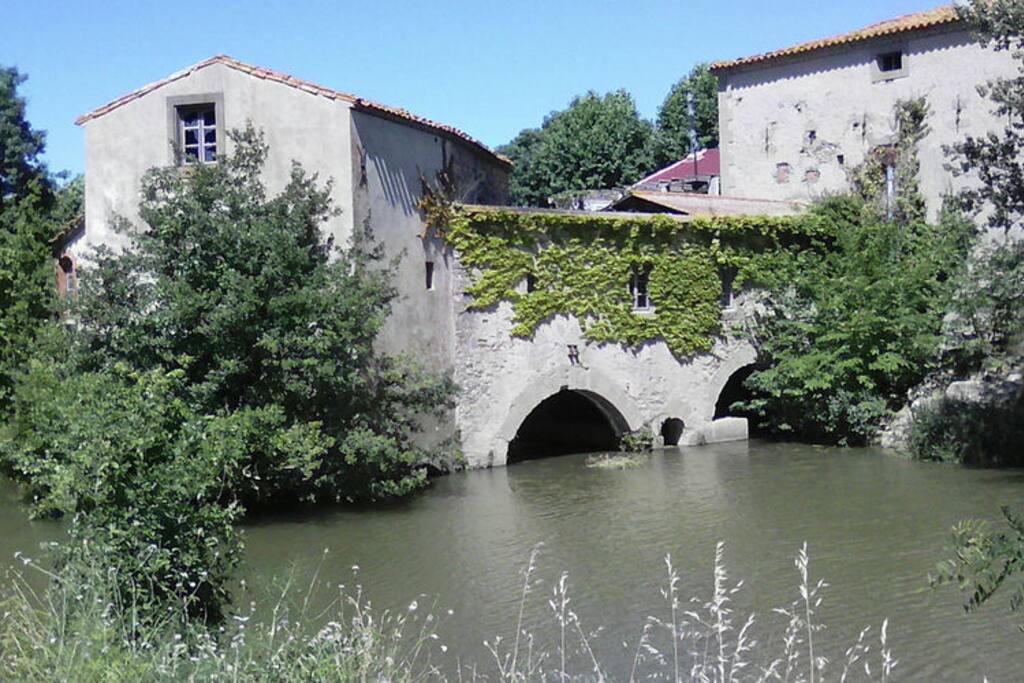 zicht op het huis/loft/watermolen vanaf de rivier.