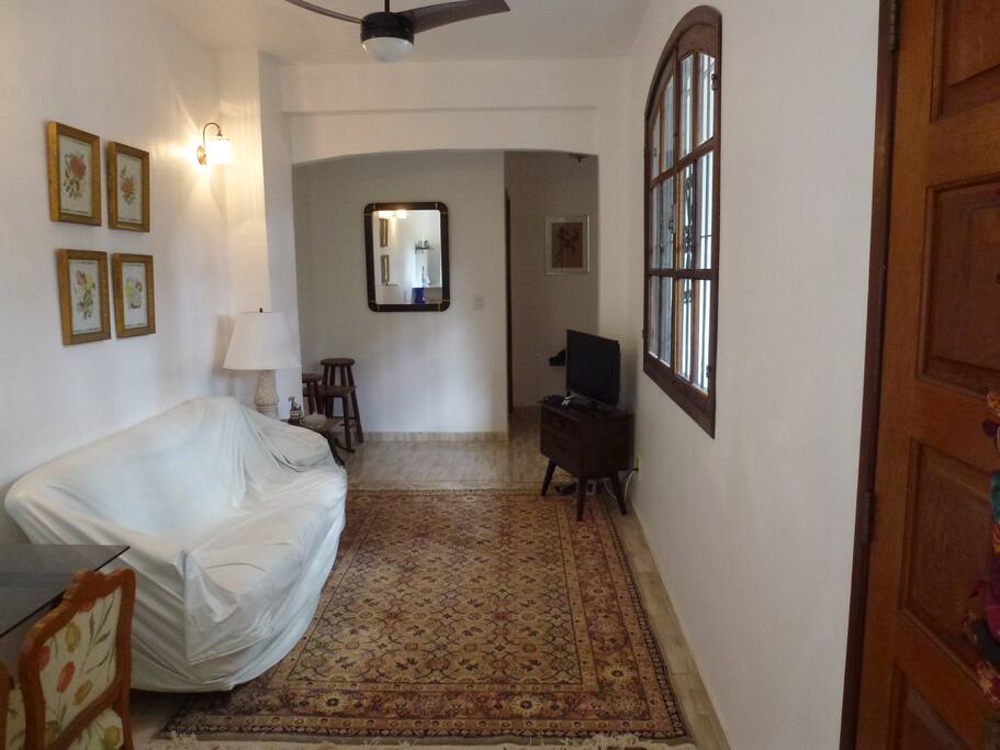 Sala com sofá-cama largo e confortável