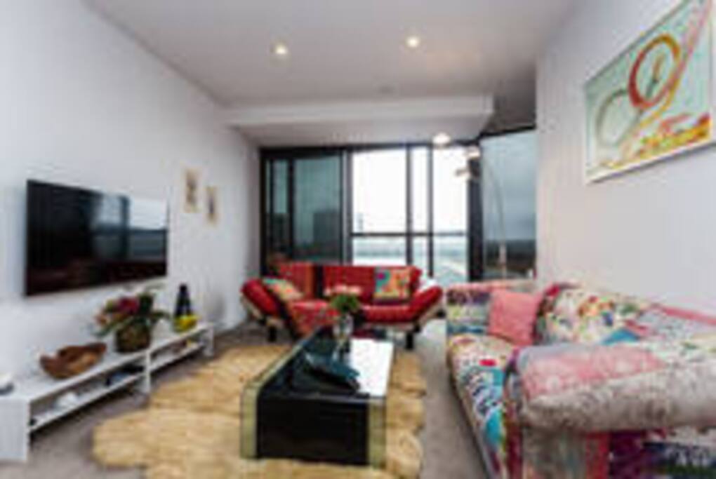 Spacious lounge. On clear days you csn see the Bay