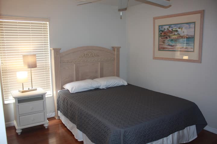 2nd master bedroom, with it's own bathroom, and private access to the pool. It also has  TV, dresser, and night stand.