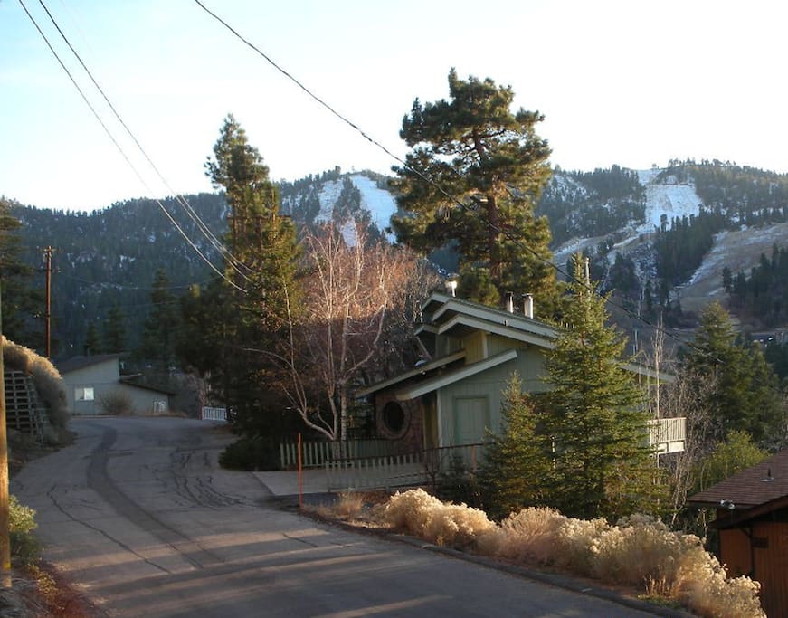 Side view of Chalet w/Bear Mountain Ski Resort in the background.
