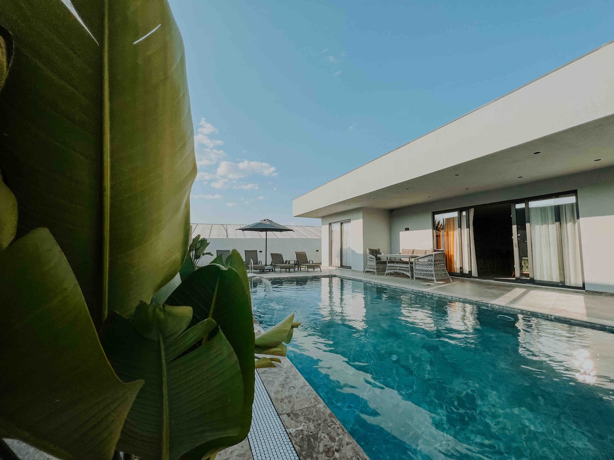A swimming pool is surrounded by lounge chairs under a patio umbrella, with spacious seating visible nearby. Large glass doors open to an indoor area, providing a seamless connection to outdoor spaces. Lush green leaves frame the view, adding a vibrant touch.